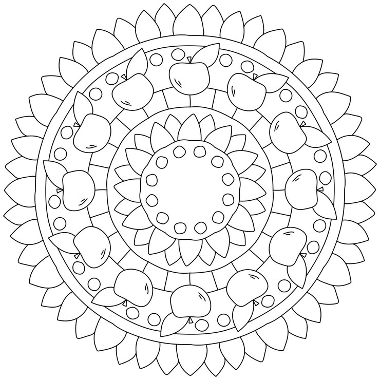 Semplice mandala con frutti e disegni da colorare con mele e petali