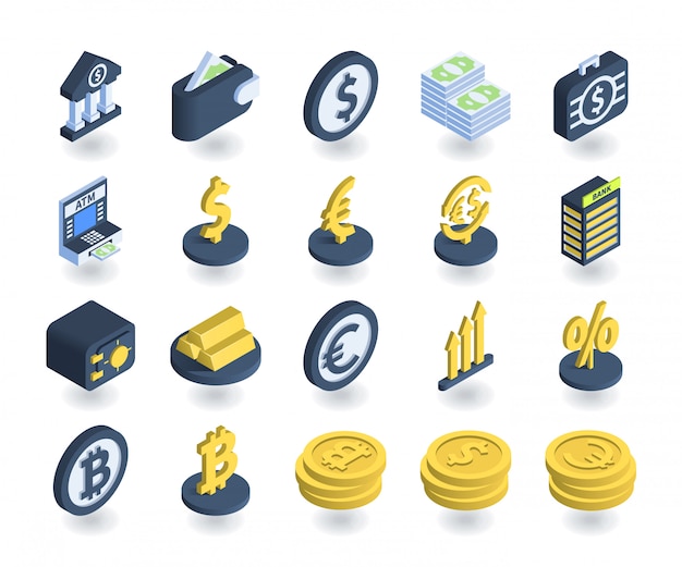 Semplice set di icone bancarie in stile 3d isometrico piatto. Contiene icone come portafogli, bancomat, cassaforte, cartelli di valuta e altro ancora.
