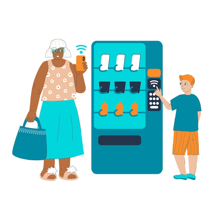 Vettore senior nonna giovane ragazzo smartphone senza carta paga distributore automatico di nuove tecnologie di generazione anziana