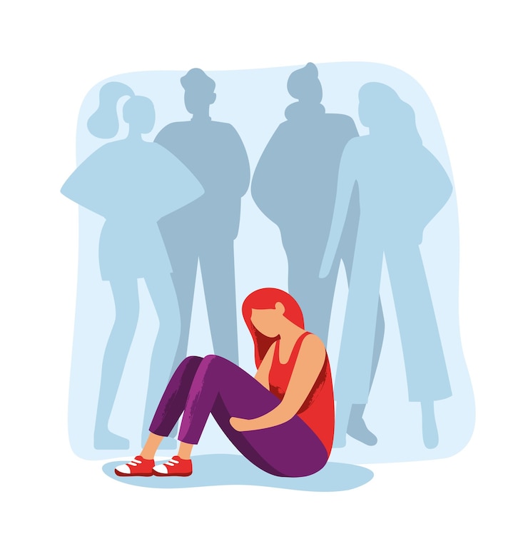 Vettore sensazione di persona depressa triste e sola donna in depressione seduta sul pavimento tra le sagome di amici