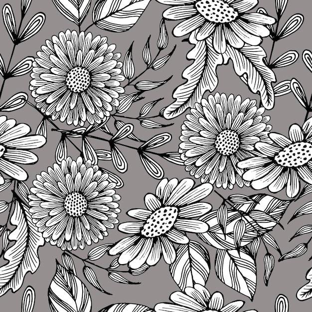 senza cuciture fiori di camomilla disegnati a mano contorno nero ombreggiato su uno sfondo grigio delicato