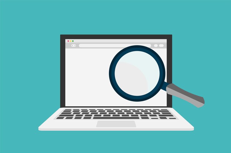Vettore seo del sito web, ottimizzazione dei motori di ricerca su laptop, analisi e concetto di vettore piatto di processo
