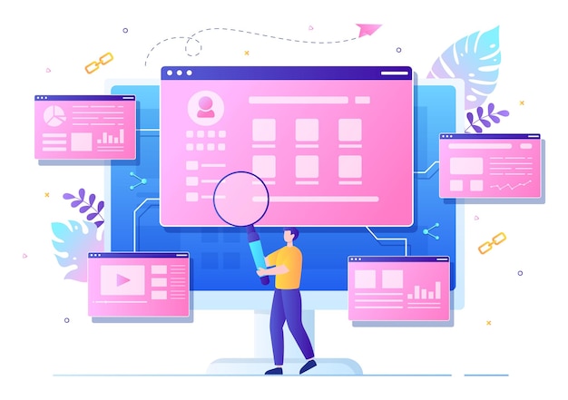 SEO Link Building come ottimizzazione dei motori di ricerca, marketing e digitale per lo sviluppo di home page o applicazioni mobili per l'illustrazione vettoriale