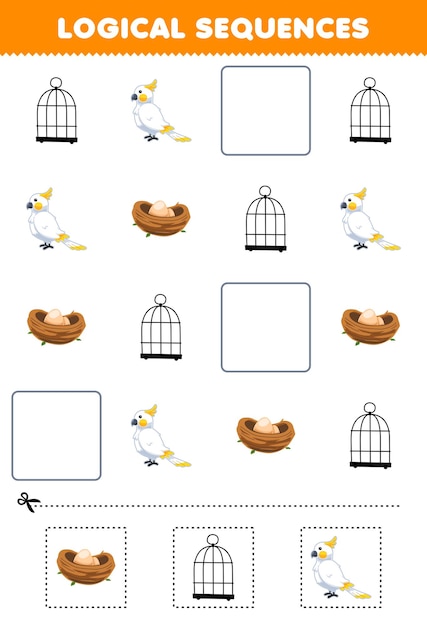 Sequenze logiche per bambini con un uccello cartoon carino e roba foglio di lavoro stampabile per animali domestici