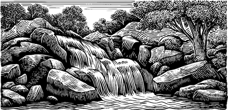 Vettore serene mossy ravine with cascading waterfall in black and white art