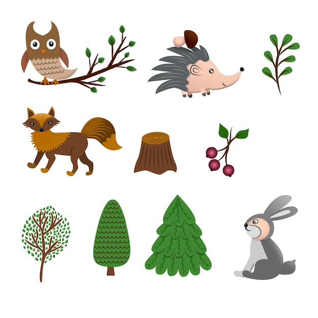 Serie di disegni di animali e illustrazione vettoriale di vegetazione forestale