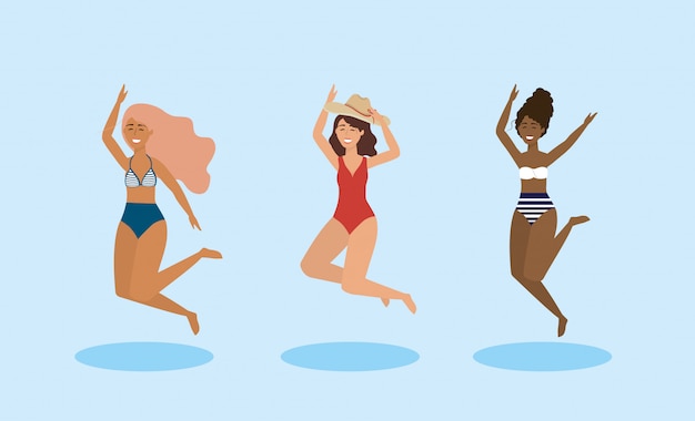serie di donne che saltano e indossano il costume da bagno con il cappello