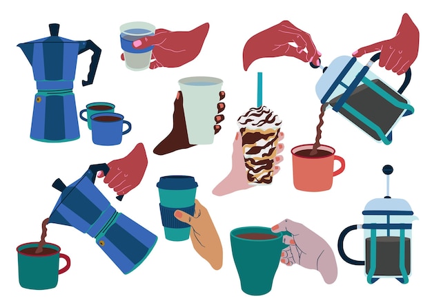 Serie di illustrazioni mani di diverse tonalità della pelle illustrazioni del mondo del caffè