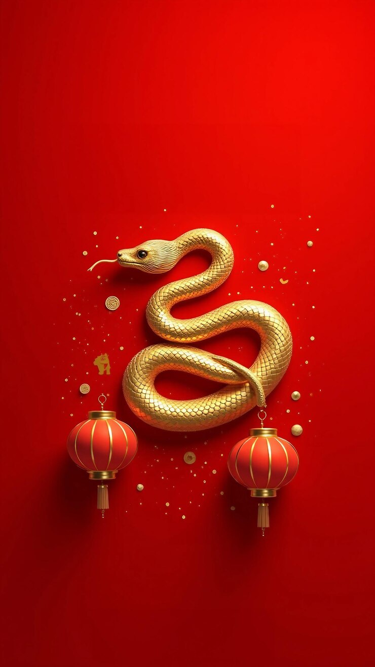 Vettore serpente d'oro con sfondo rosso e lanterne per il capodanno lunare