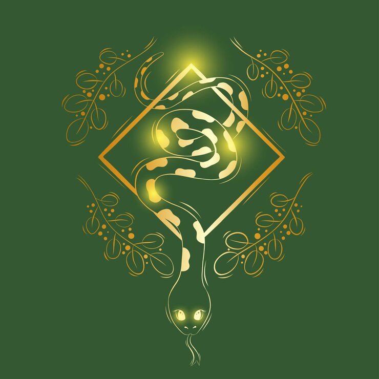 Vettore serpente d'oro in geometria sacra con illustrazione vettoriale di elementi botanici