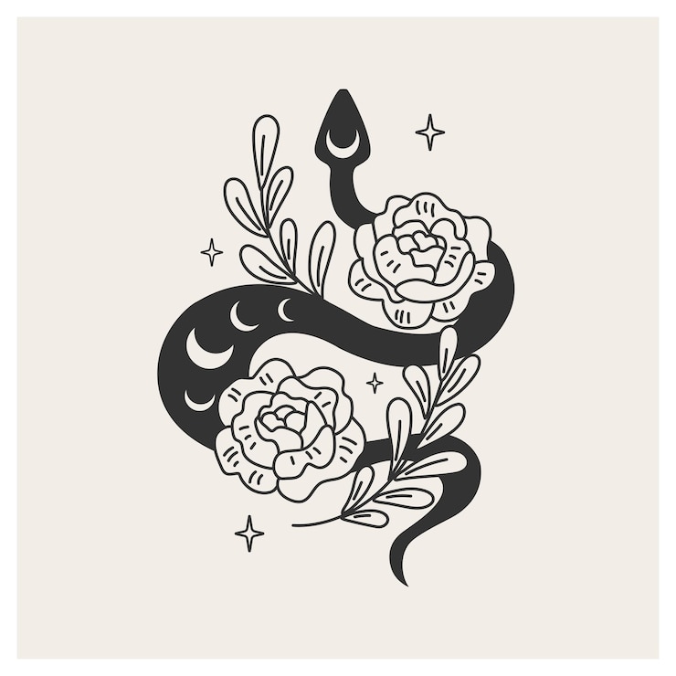 Vettore serpente magico floreale serpente nero mistico tra i fiori illustrazione vettoriale