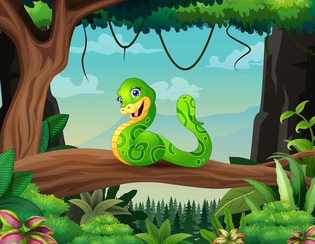 Serpente verde cartone animato su un ramo illustrazione