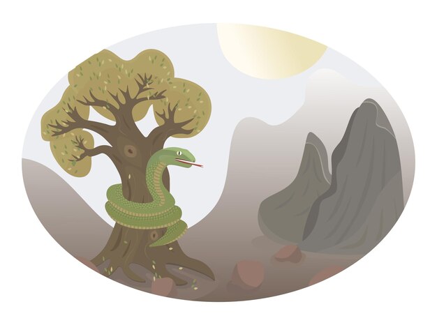 Serpente verde sull'albero un grande rettile si avvolge attorno a un'illustrazione a colori vettoriale di quercia