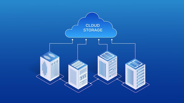 Server cloud isometrico 3D big data Background di hosting di rete Condividi il datacenter sul computer Archiviazione di informazioni Connessione di base di dati Infrastruttura digitale Concetto di illustrazione vettoriale