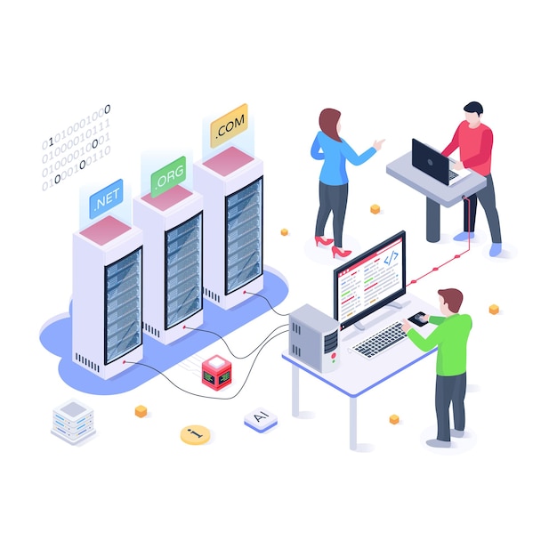 Server collegati a dispositivi illustrazione isometrica del web hosting