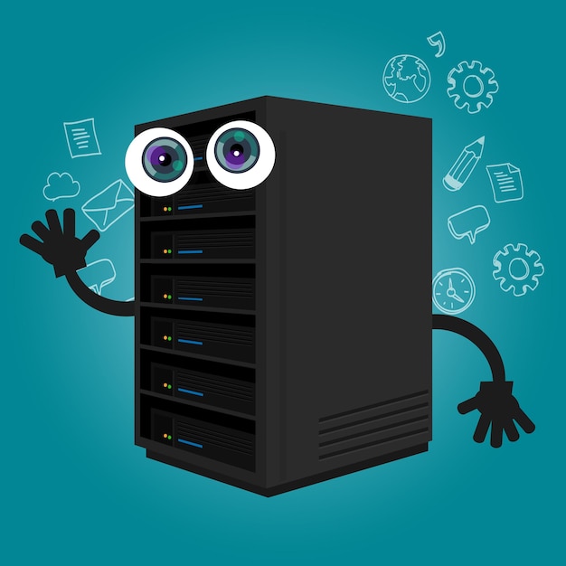 server componente database big data storage occhi di cartone animato mascotte carino sorriso tech