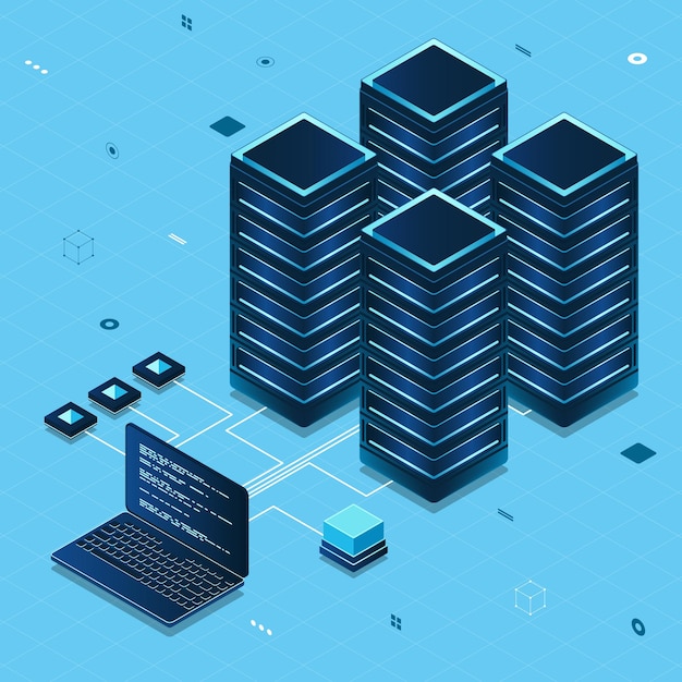Server di base di dati Server room data center Server di hosting isometrico Vettore illustrazione isometrica