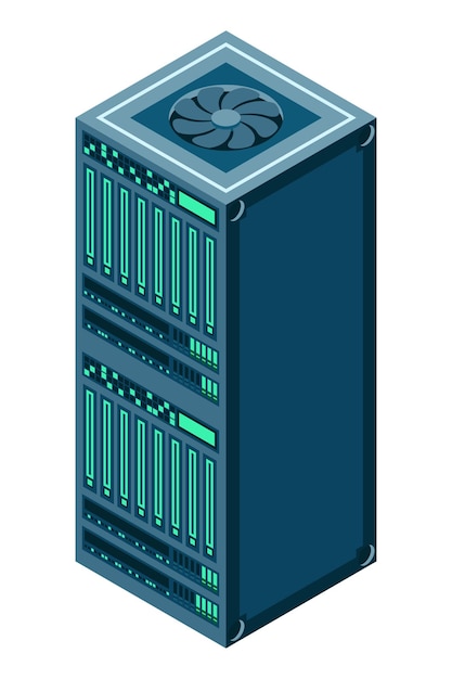 Server isometrico Sala server di rete Apparecchiature informatiche 3D Database di archiviazione Tecnologia isometrica Illustrazione vettoriale