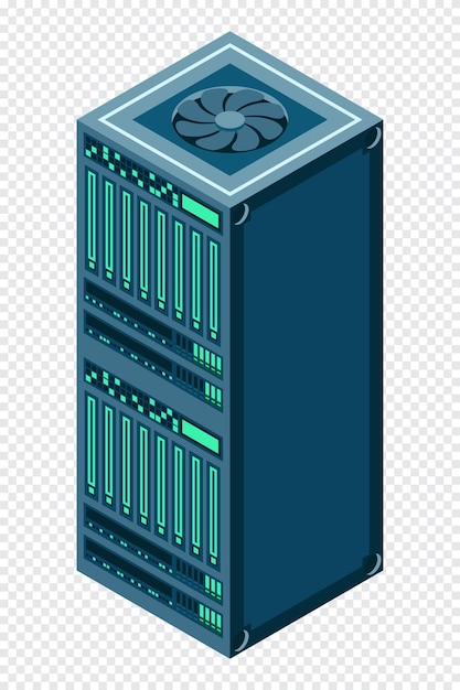 Server isometrico Sala server di rete Apparecchiature informatiche 3D Database di archiviazione Tecnologia isometrica Illustrazione vettoriale