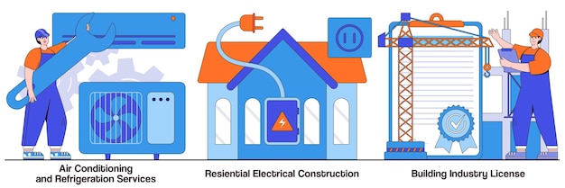 Servizi di condizionamento e refrigerazione edilizia elettrica residenziale edilizia concetti di licenza con personaggi di persone Pacchetto di illustrazioni vettoriali per servizi di appaltatori edili