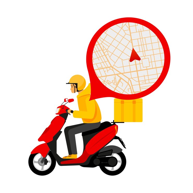 Servizi di consegna e logistica Lo scooter con l'uomo trasporta pacchi sui punti Servizio di tracciamento della mappa online concettuale Illustrazione vettoriale
