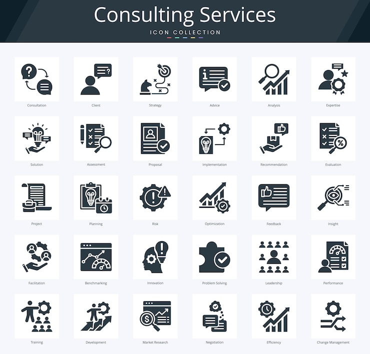 Servizi di consulenza pacchetto di icone di glifi per la consulenza aziendale e l'ottimizzazione della strategia