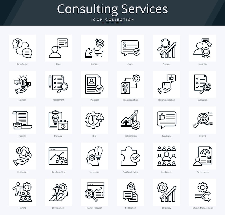 Servizi di consulenza pacchetto di icone per la consulenza aziendale e l'ottimizzazione della strategia