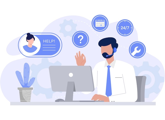 Servizio clienti, gli operatori della hotline consultano i clienti con le cuffie sui computer, 24 ore su 24 in tutto il mondo
