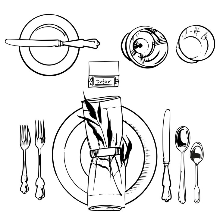 Servizio da tavola per banchetti. illustrazione di schizzo. Coltello e cucchiaio, piatto e forchetta illustrazione