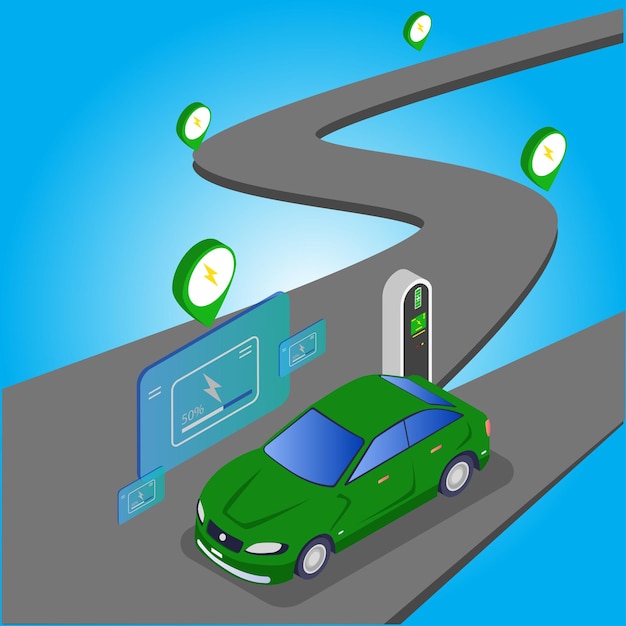 Servizio di auto per veicoli elettrici e stazioni di ricarica su strada isometrica 3d