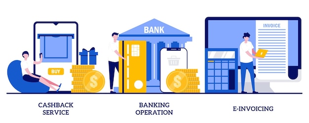 Servizio di cashback, operazioni bancarie, concetto di fatturazione elettronica con persone minuscole
