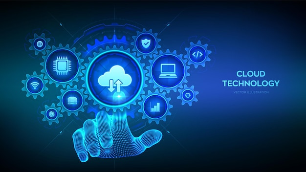 Servizio di cloud computing Tecnologia cloud Interfaccia digitale toccabile a mano con ingranaggi connessi