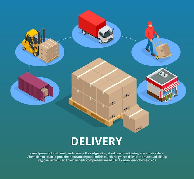 Servizio di consegna espresso design piatto moderno concetto di illustrazione vettoriale. Logistica e trasporti. Magazzino esportazione, importazione e centri di distribuzione nazionali. Vettore