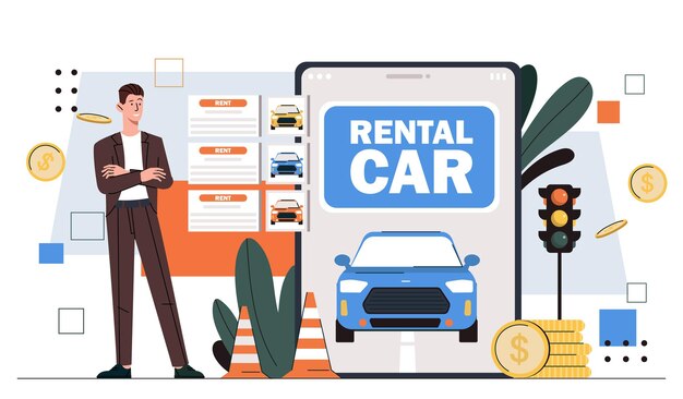Servizio di noleggio auto concetto uomo vicino smartphone con applicazione mobile automobile blu per