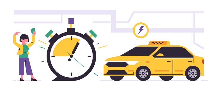 Servizio di ordinazione taxi online Servizio taxi cittadino Banner Web Un'auto gialla è arrivata per un passeggero Cronometro mappa stradale donna Illustrazione vettoriale isolata su sfondo bianco