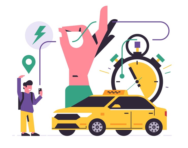 Vettore servizio di ordinazione taxi online servizio taxi cittadino icona della linea del cronometro per auto gialla passeggeri felice illustrazione vettoriale isolata sullo sfondo