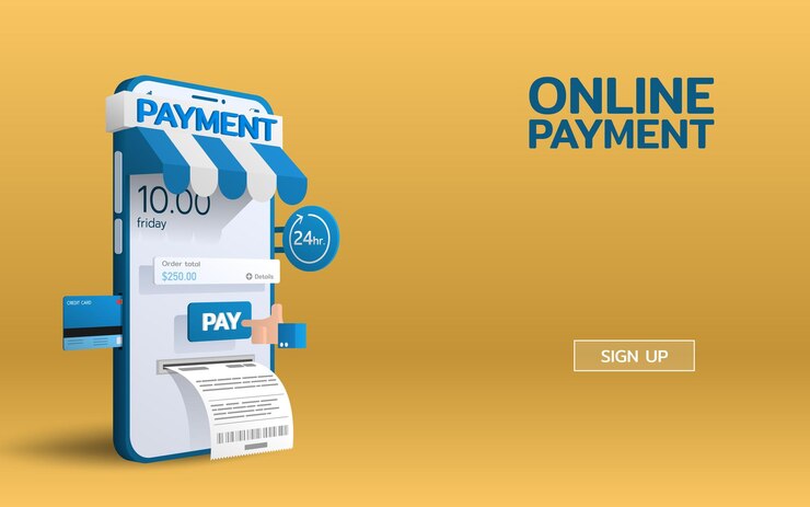 Vettore servizio di pagamento online su smartphone mobile con un pulsante di pagamento manuale e la bolletta esce. e-commerce pagamento online con carta di credito.