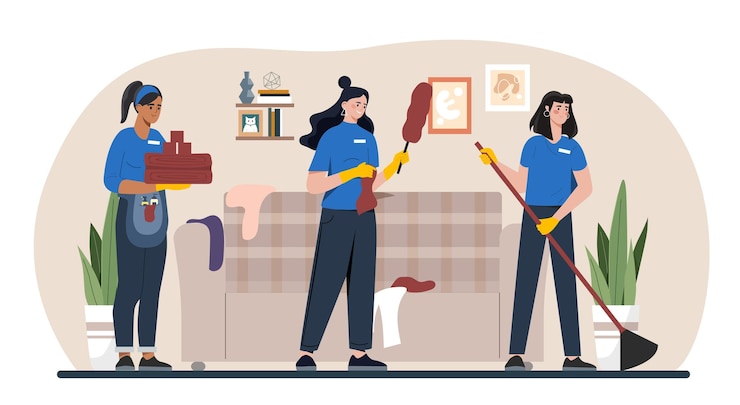 Vettore servizio di pulizia a casa concetto donne in uniforme appartamento pulito personale lavare il pavimento asciugare la polvere e lavare le cose rutinità di pulizia e faccende domestiche illustrazione vettoriale piatta di cartoni animati