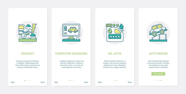 Servizio di riparazione della linea di garage per autoveicoli ux ui onboarding set di schermate della pagina dell'app mobile