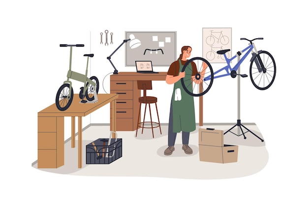 Servizio di riparazione di biciclette Lavoratrice meccanica che ripara la bicicletta nel garage dell'officina Professionale che lavora con ruote danneggiate pneumatici di bicicletta rotti Illustrazione vettoriale piatta isolata su sfondo bianco