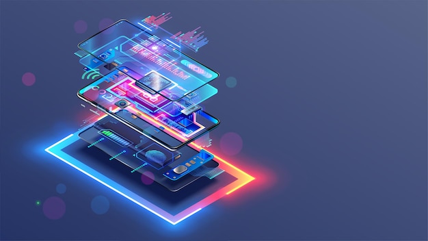 Servizio di riparazione di telefoni cellulari smontati Caso di smartphone e parti o componenti elettronici su schema di schema di schema astratto di scheda madre CPU di telefono cellulare di smartphone Rendering 3D non assemblato di cellulare