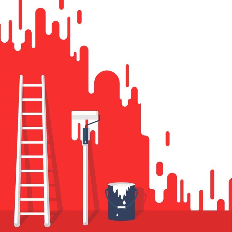 Servizio di verniciatura Modello di verniciatura Illustrazione vettoriale design piatto Banner per la promozione Muro dipinto con una scala un rullo un secchio di vernice