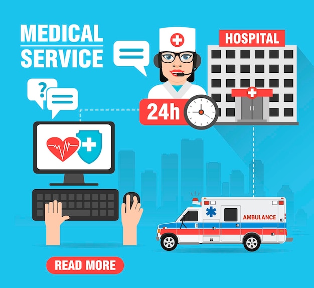 Servizio medico concept design piatto Consultazione medica online sfondo medico Illustrazione vettoriale