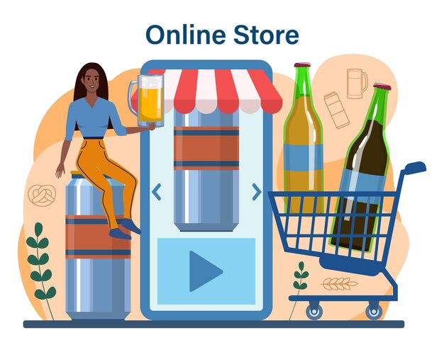 Servizio o piattaforma online per il concetto di birra. Tazza in vetro con bevanda alcolica scura o chiara, filtrata o filtrata. Menù da bar o pub. Negozio online. Illustrazione vettoriale piatta