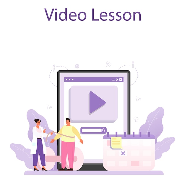 Servizio o piattaforma online per nutrizionisti Terapia nutrizionale con cibo sano e attività fisica Programma di perdita di peso Lezione video Illustrazione vettoriale