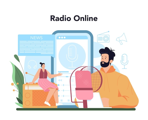 Servizio online dell'annunciatore o set di piattaforme Presentatore televisivo conduttore radiofonico in studio Emittente che parla sulla telecamera che riporta notizie Radio online Illustrazione vettoriale isolata