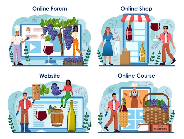 Servizio online di enologo o set di piattaforme. Invecchiamento del vino d'uva