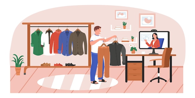 Servizio online personale di assistente stilista di moda per le persone. Consulente femminile che dà consigli al cliente uomo nell'analisi del guardaroba, nella scelta dell'abito e nell'ordinamento dell'illustrazione vettoriale dell'abbigliamento