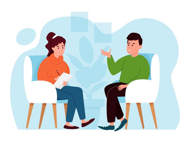 Vettore sessione di psicoterapia. un uomo racconta a uno psicologo i suoi problemi. concetto di salute mentale. illustrazione vettoriale