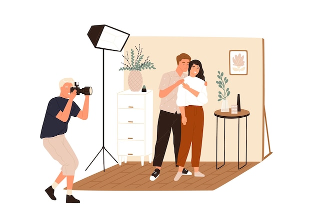 Sessione di servizio fotografico di storia d'amore. Fotografo di famiglia che scatta foto o scatta una coppia in posa all'interno di uno studio fotografico con luce professionale. Illustrazione vettoriale piatta isolata su sfondo bianco.